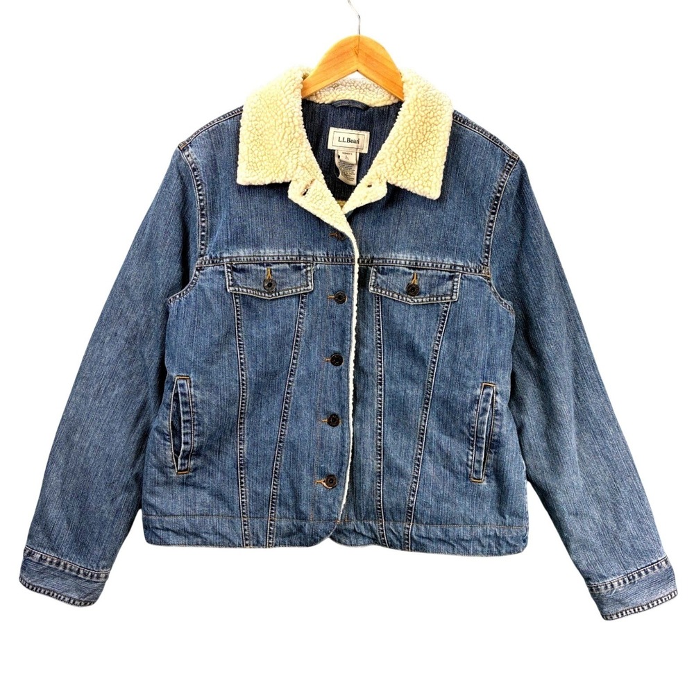 L.L. Bean Denim Jacket Sherpa Lined Trucker Womens L Blue Cotton Fleece Warm